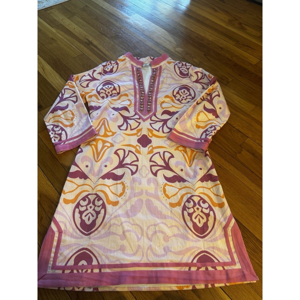 Sheridan French Tunic Cotton Dress Pink Purple Orange Sz 8 Stones Floral